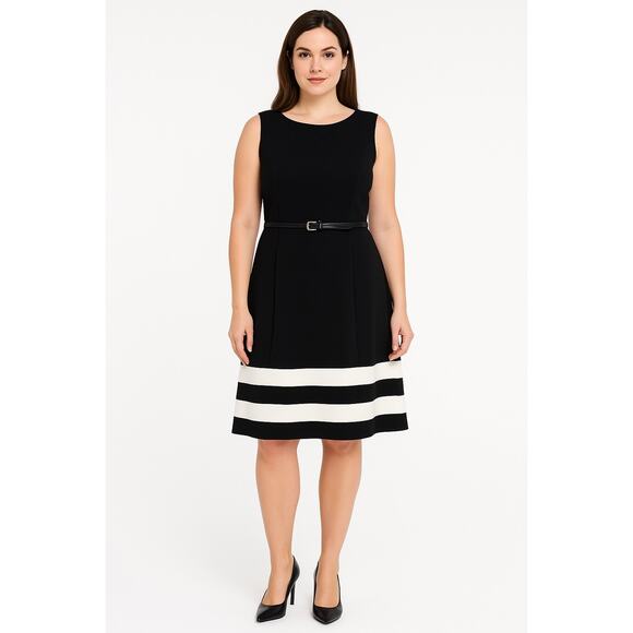 Calvin Klein Dress Women 14W Black White Stripe Belted Modest Office Versatile - Picture 1 of 8